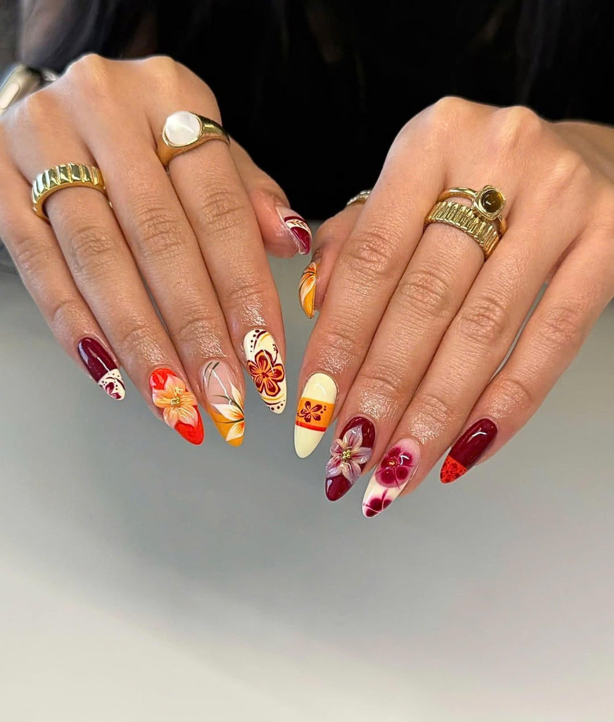 Fall Flower Press On Nails Medium Almond, Handmade Gel Burgundy Orange Floral Nail Set