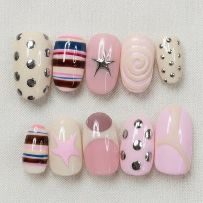 Pink Y2K Press On Nails, Pastel Star Retro Nail Set