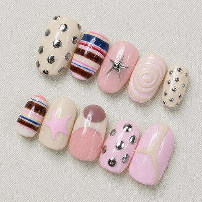 Pink Y2K Press On Nails, Pastel Star Retro Nail Set