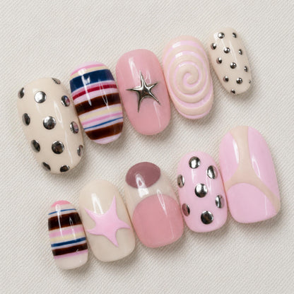 Pink Y2K Press On Nails, Pastel Star Retro Nail Set