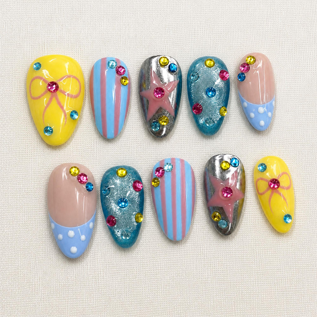 Pastel Carnival Press On Nails, Pastel Summer Beach Nail Set