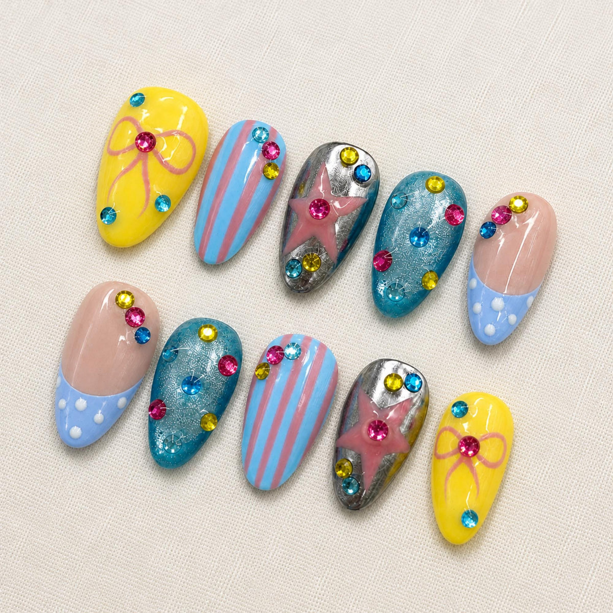Pastel Carnival Press On Nails, Pastel Summer Beach Nail Set