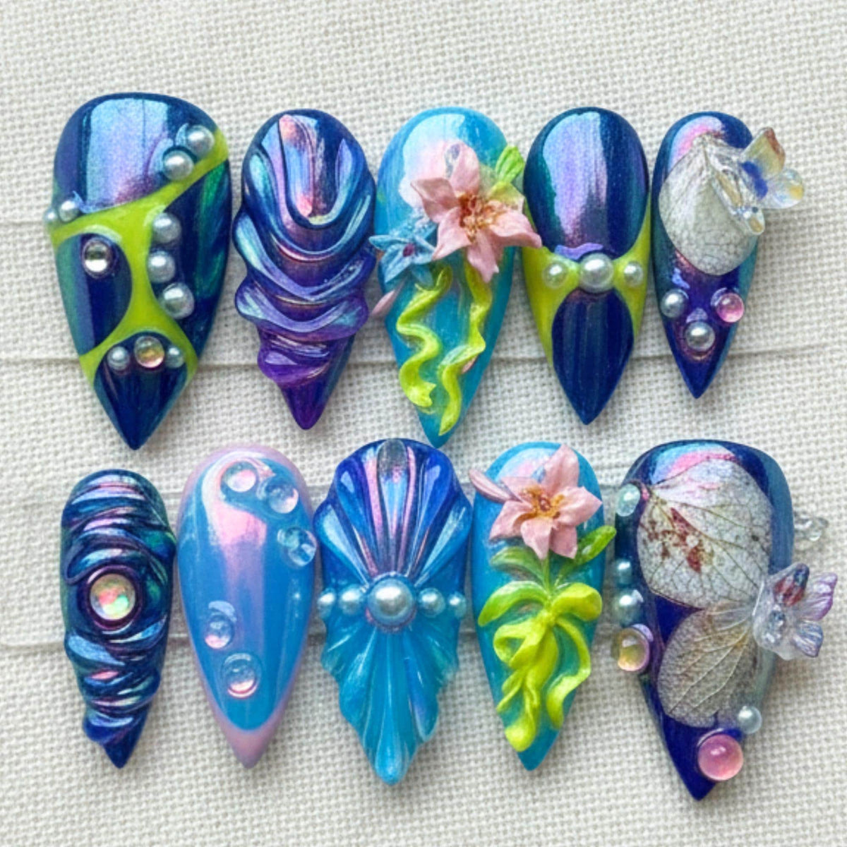 Blue Fairycore Press On Nails, 3D Flower Fantasy Nail Set