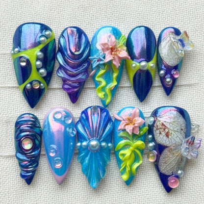 Blue Fairycore Press On Nails, 3D Flower Fantasy Nail Set