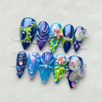 Blue Fairycore Press On Nails, 3D Flower Fantasy Nail Set