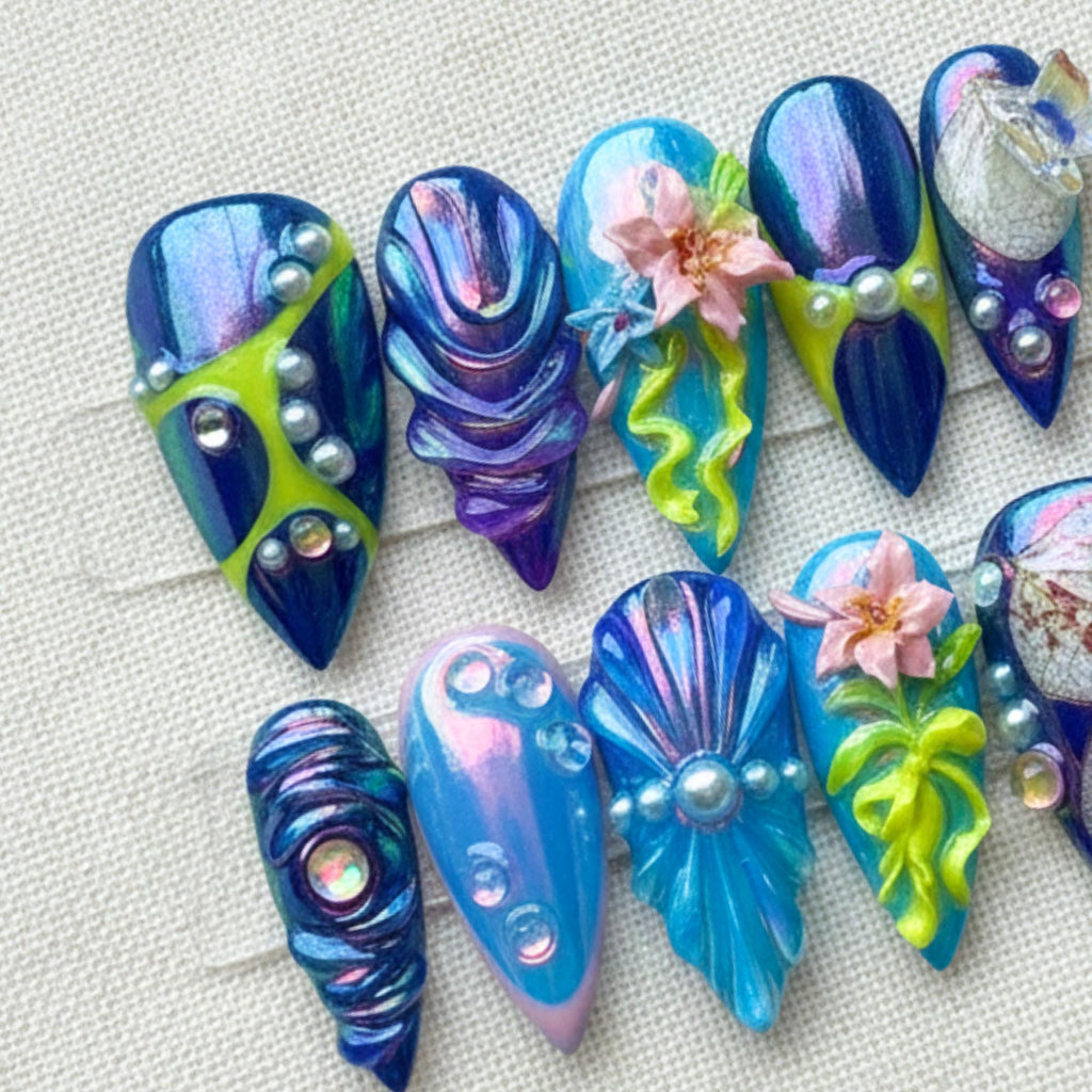 Blue Fairycore Press On Nails, 3D Flower Fantasy Nail Set