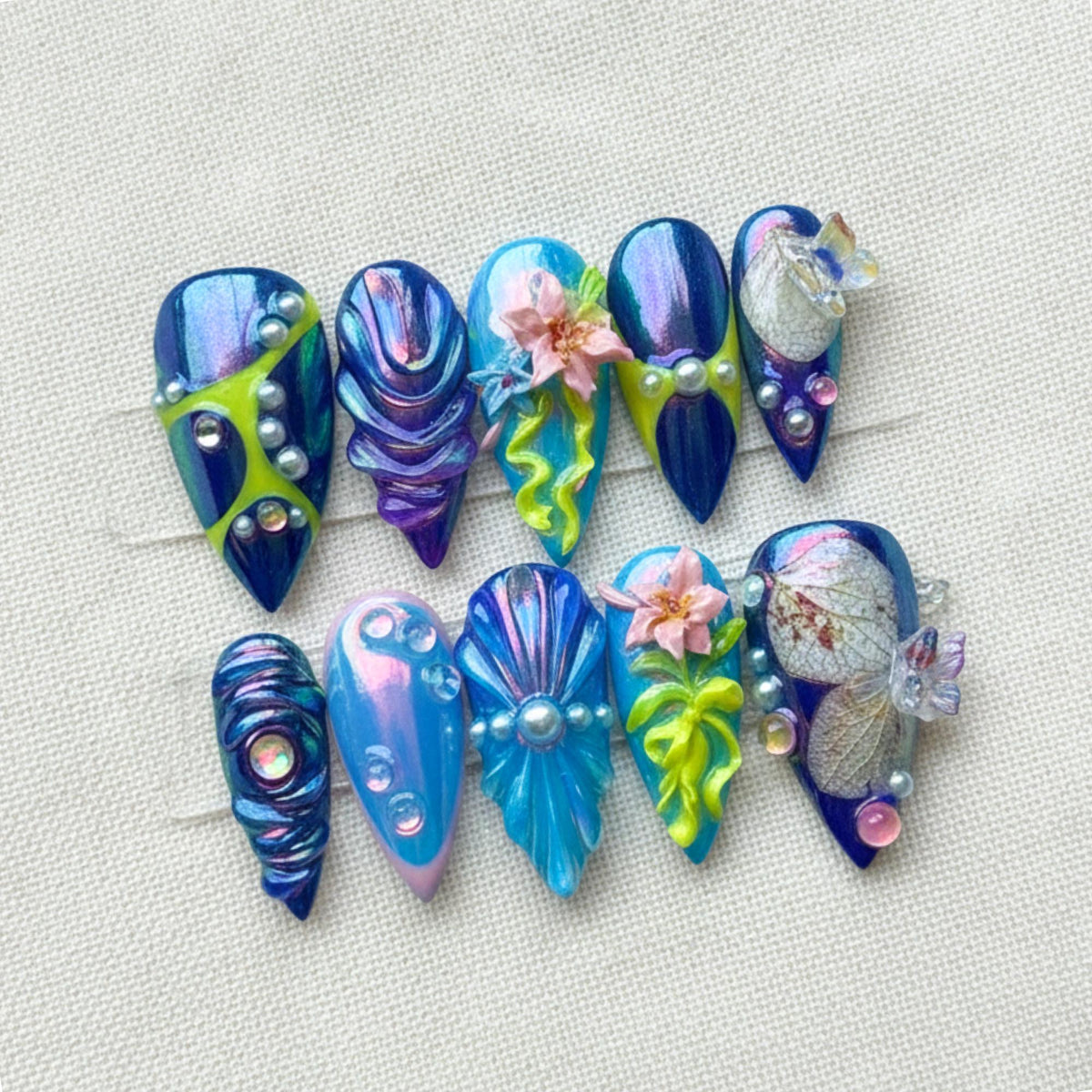 Blue Fairycore Press On Nails, 3D Flower Fantasy Nail Set