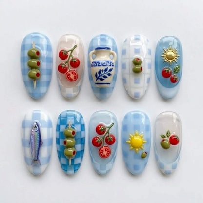 Handmade Greek Coastal Press On Nails | Olive Skewer, Tomato, Fish & Blue Gingham Design | Mediterranean Summer Nail Set