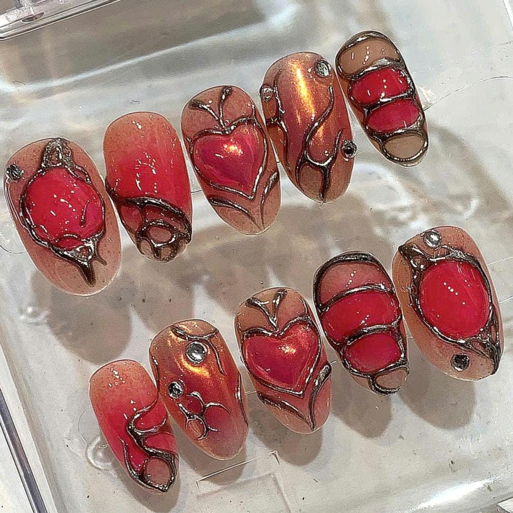 Handmade Gothic Red & Black Stiletto Press On Nails: 3D Nail Art Set