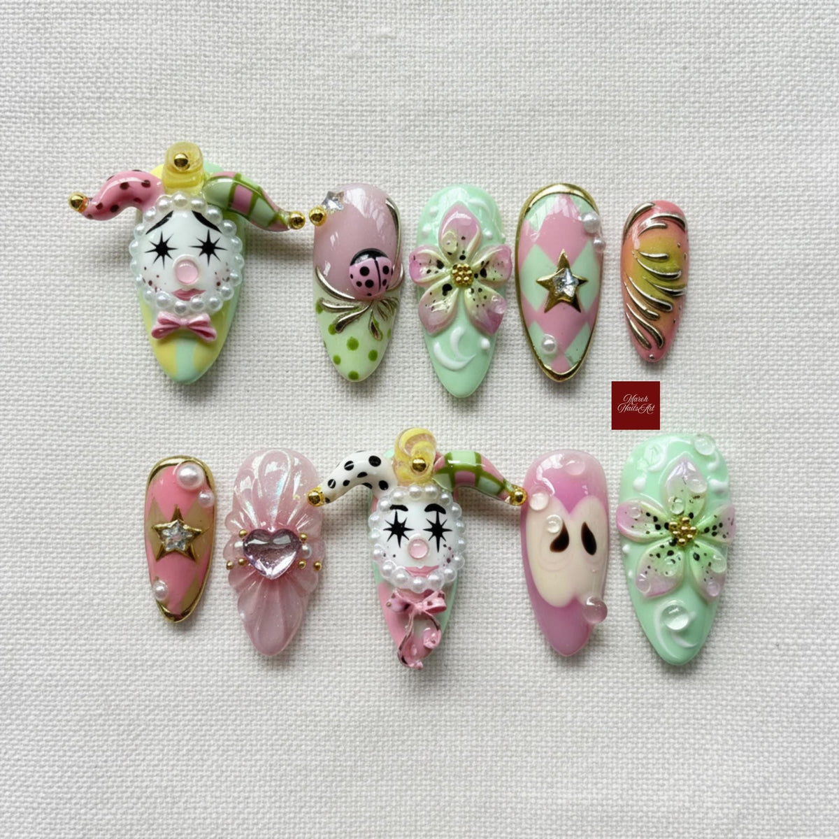 Harlequin Press On Nails, Pastel Clowncore Nail Set