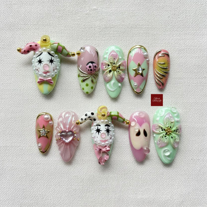 Harlequin Press On Nails, Pastel Clowncore Nail Set