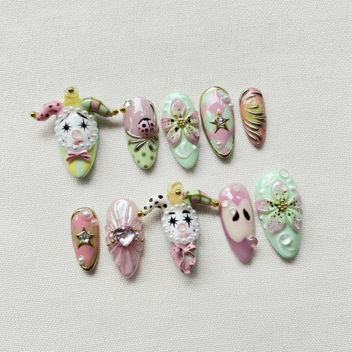 Harlequin Press On Nails, Pastel Clowncore Nail Set