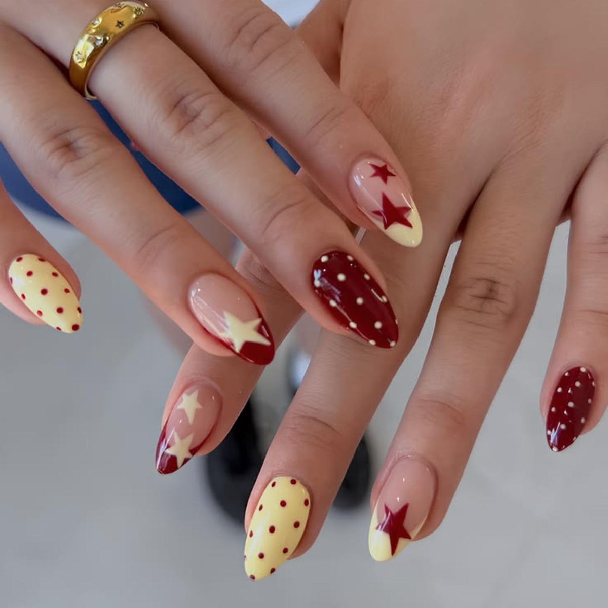 Vintage Y2K Star Press On Nails: Red Yellow Polka Dot Nail Set