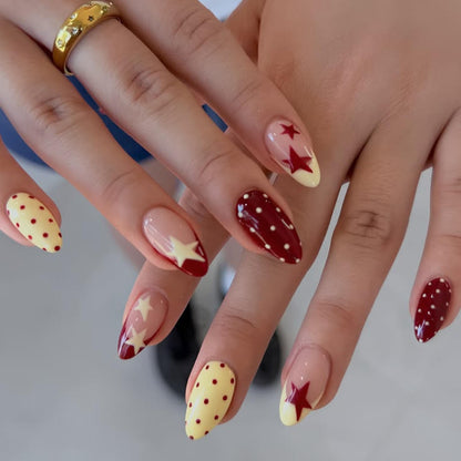 Vintage Y2K Star Press On Nails: Red Yellow Polka Dot Nail Set