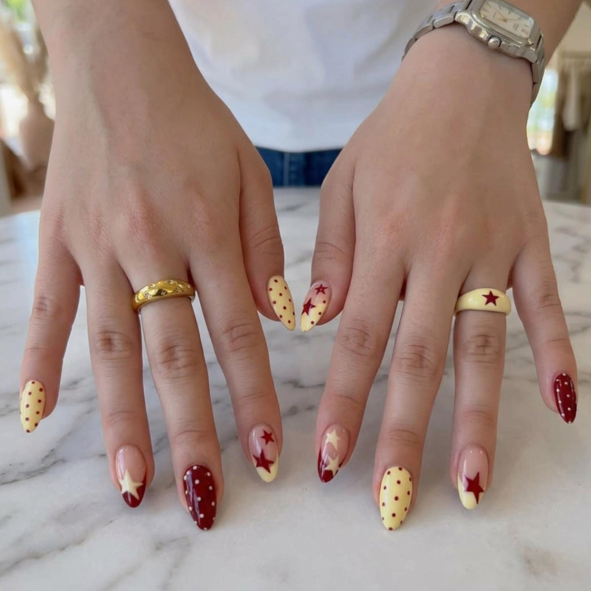 Vintage Y2K Star Press On Nails: Red Yellow Polka Dot Nail Set