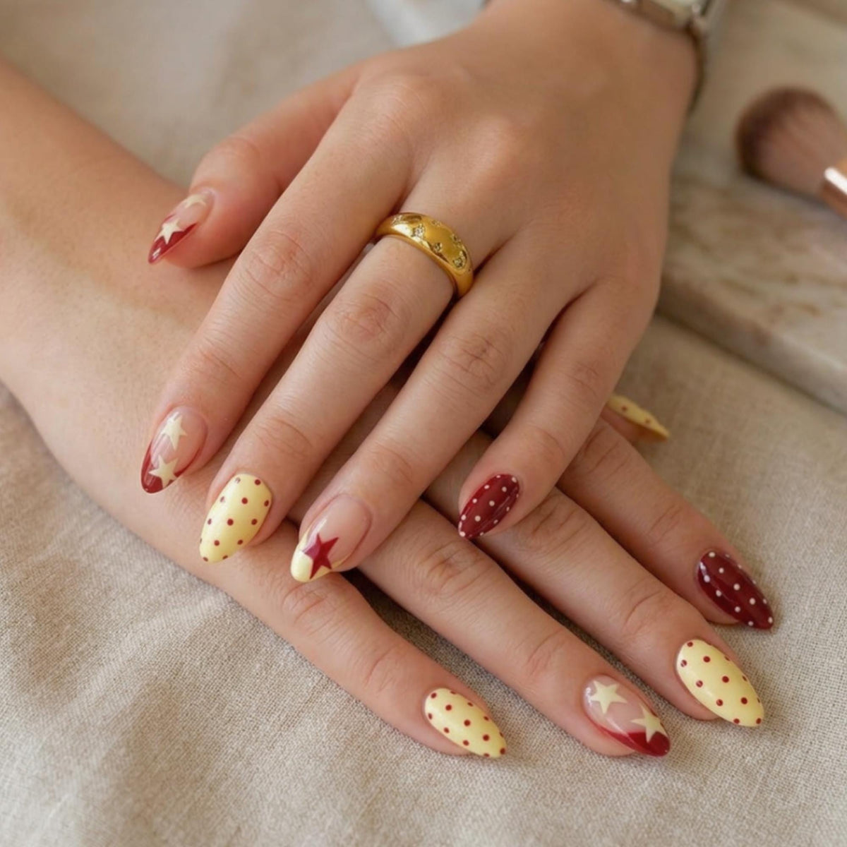 Vintage Y2K Star Press On Nails: Red Yellow Polka Dot Nail Set
