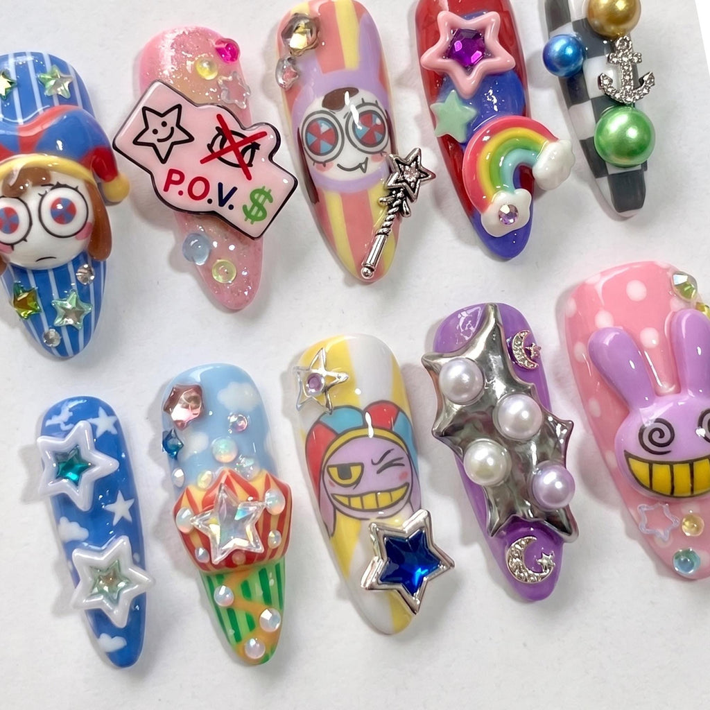 Whimsical 3D Cartoon Press On Nails Cute Jester & Purple Bunny Fake Nails Handpainted Colorful Star Nail Set Reusable Gel Nails Box| JB413L