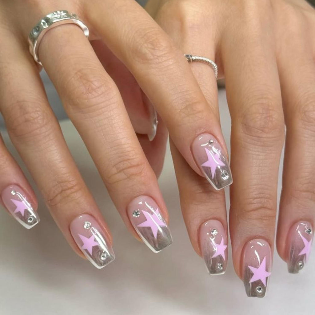 Y2K Silver Chrome Press On Nails: Handmade Pink Star Nail Set