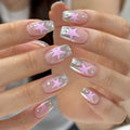 Y2K Silver Chrome Press On Nails: Handmade Pink Star Nail Set