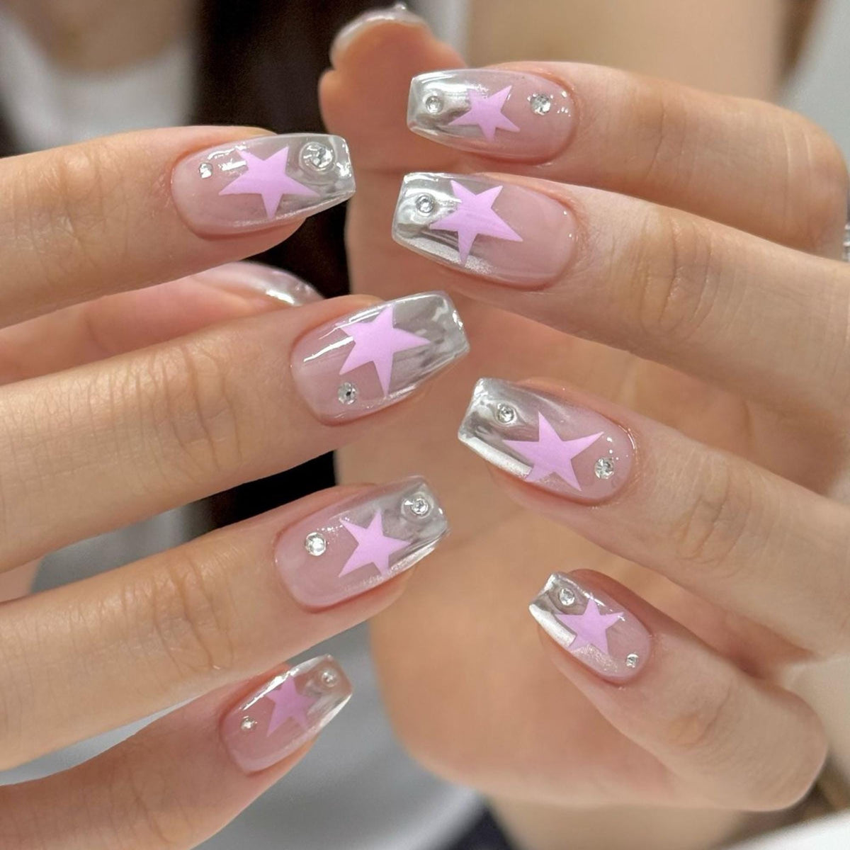 Y2K Silver Chrome Press On Nails: Handmade Pink Star Nail Set