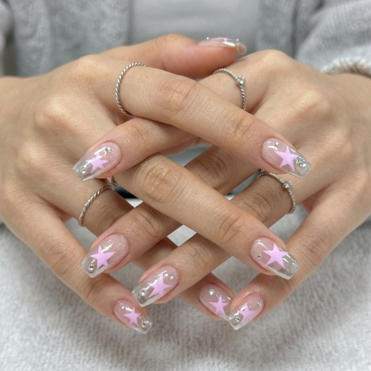 Y2K Silver Chrome Press On Nails: Handmade Pink Star Nail Set