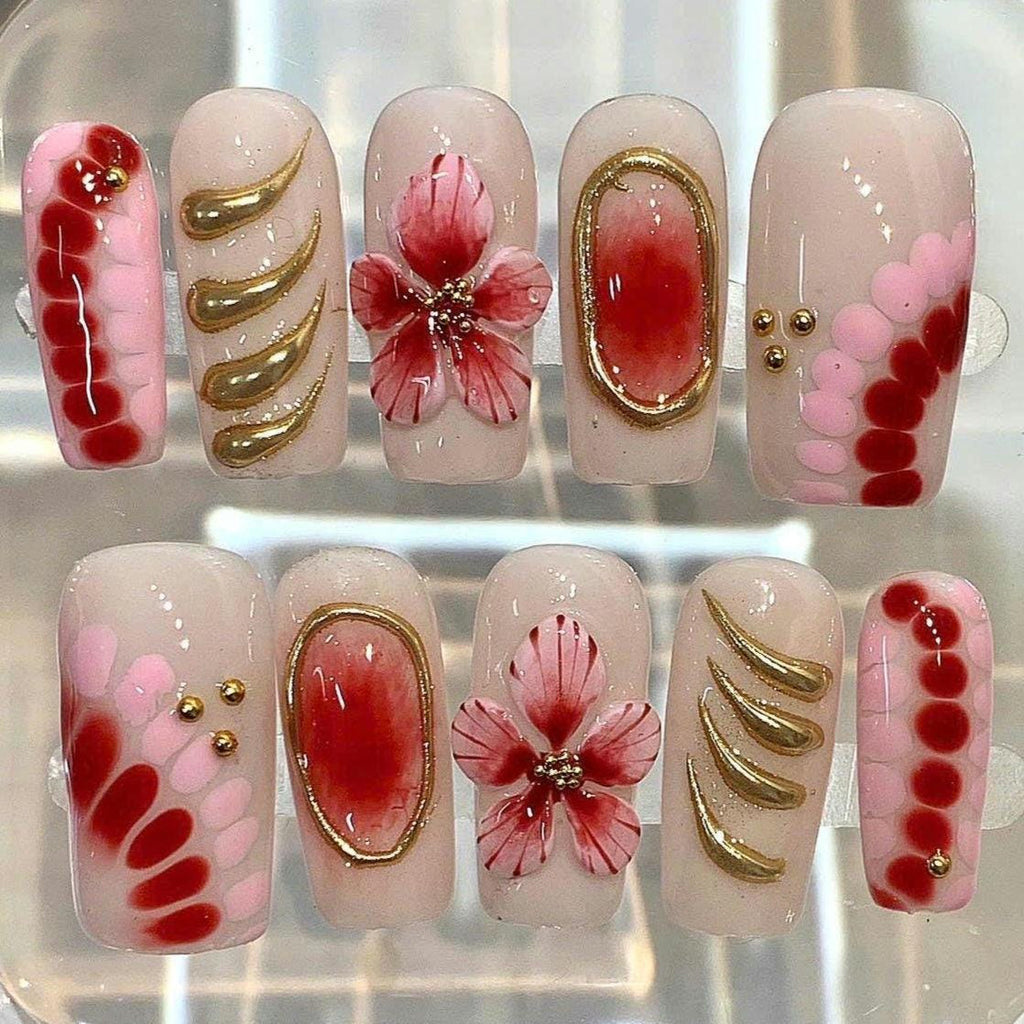 3D Rose Press On Nails: Rhinestone Flower Long Stiletto Nails