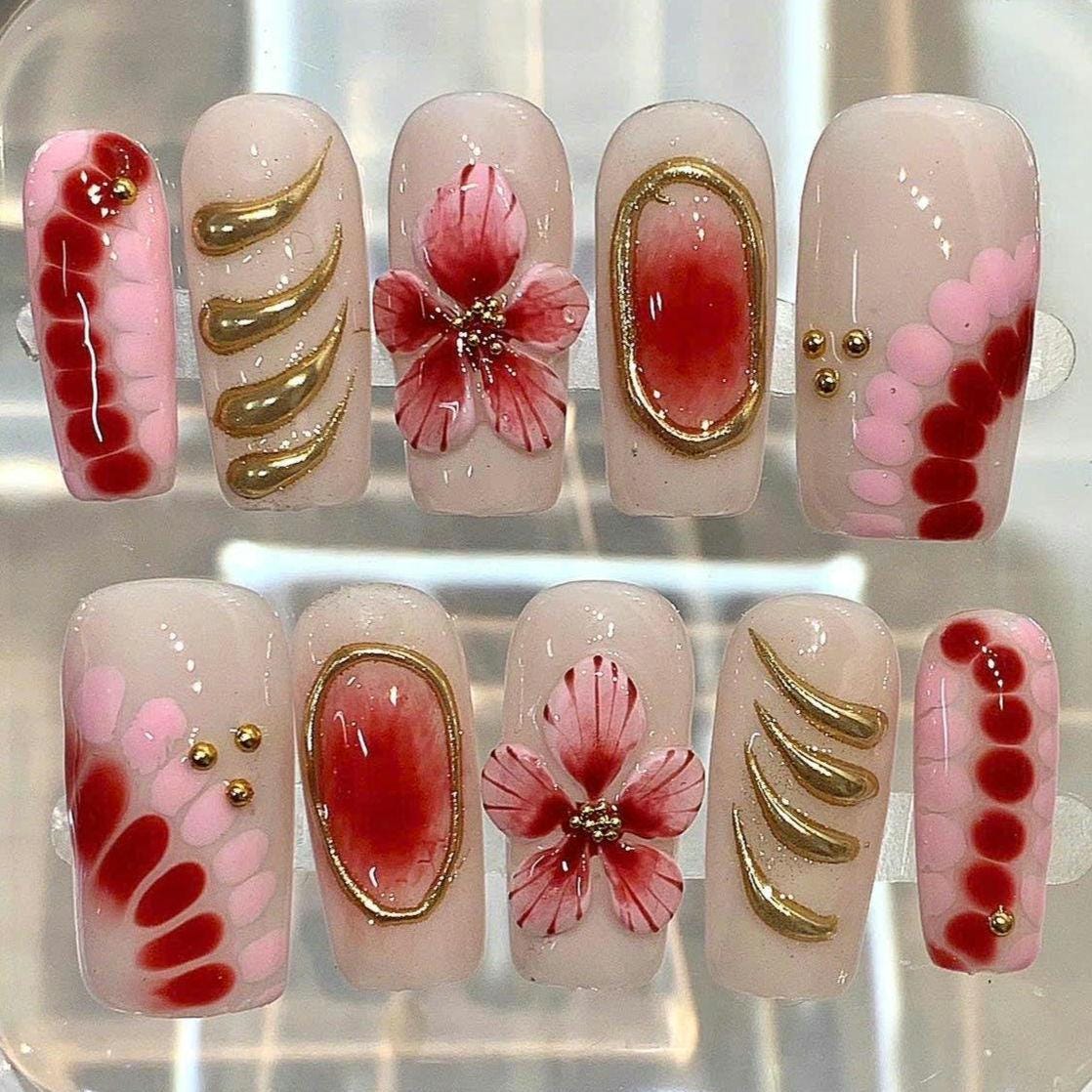 3D Rose Press On Nails: Rhinestone Flower Long Stiletto Nails
