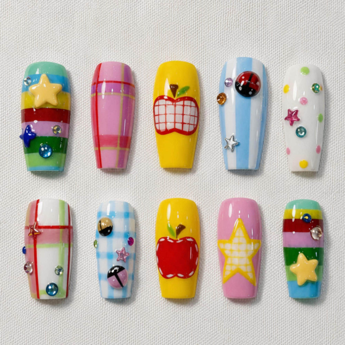Retro Kawaii Press On Nails, Apple Star Fairy Kei Nail Set