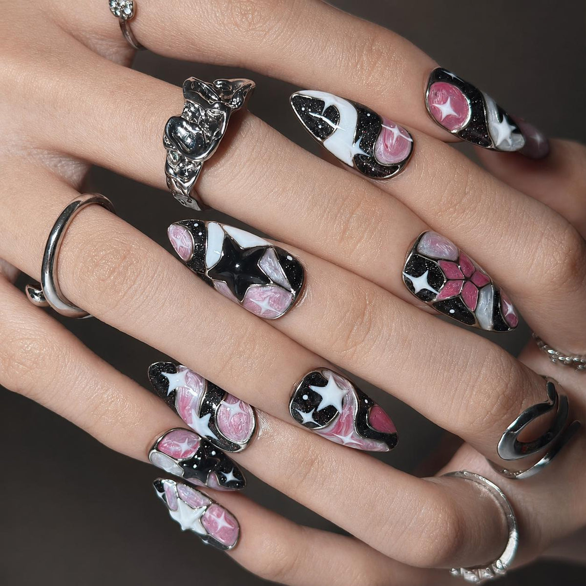 Celestial Press On Nails Almond • Birthday Gift for Her • Pink Black 3D Star Moon Galaxy Handmade Fake Nails Romantic Dark Style| JB425LC