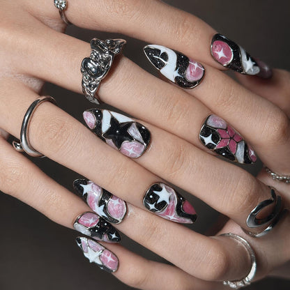 Celestial Press On Nails Almond • Birthday Gift for Her • Pink Black 3D Star Moon Galaxy Handmade Fake Nails Romantic Dark Style| JB425LC