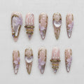 Lavender Cat Eye Press On Nails, Gold Floral Fairycore Set