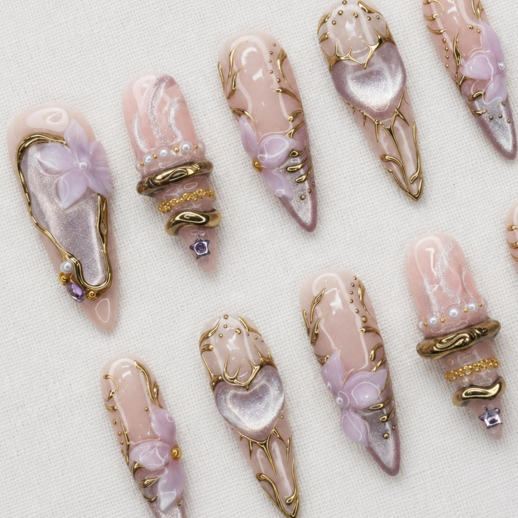Lavender Cat Eye Press On Nails, Gold Floral Fairycore Set