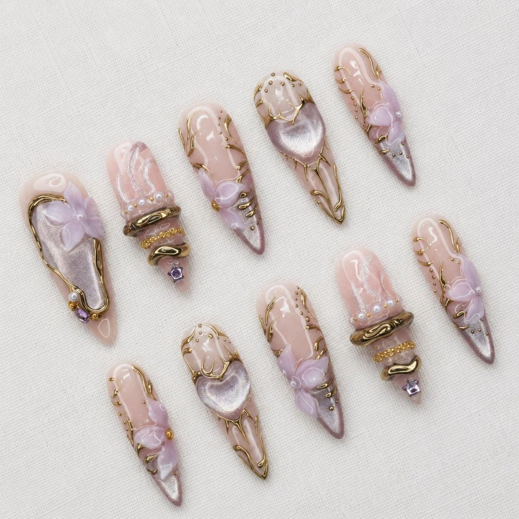 Lavender Cat Eye Press On Nails, Gold Floral Fairycore Set