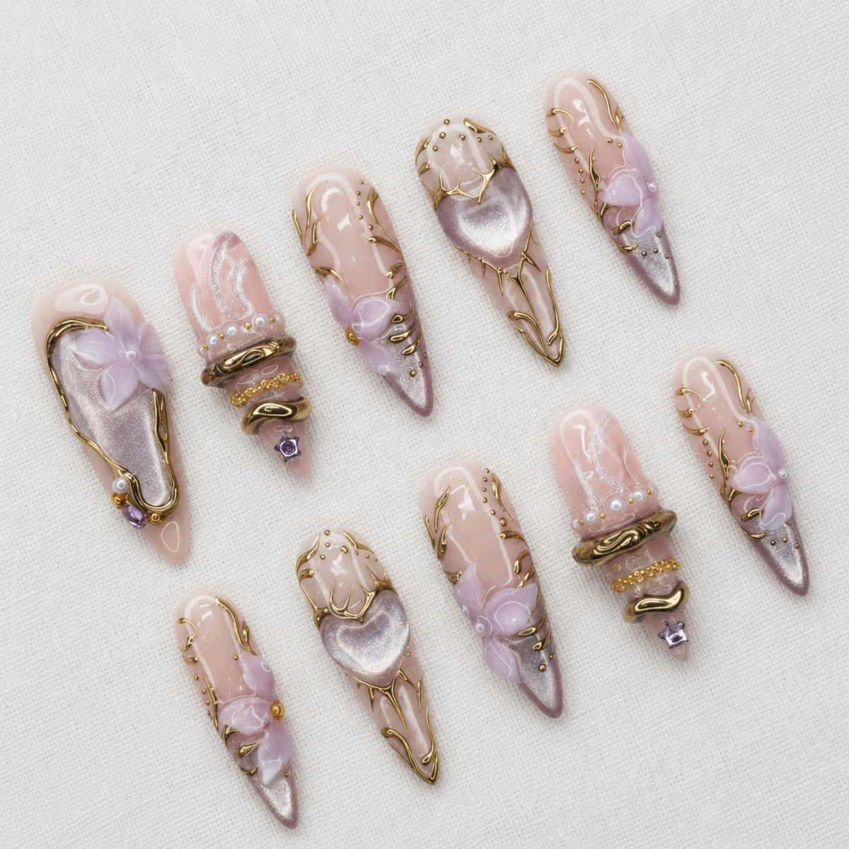 Lavender Cat Eye Press On Nails, Gold Floral Fairycore Set