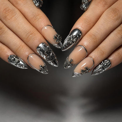 Gothic Press On Nails Almond • Statement Gift for Her • Silver Chrome Cross Fleur De Lis Handmade Fake Nails Luxury Style  | JB426LC