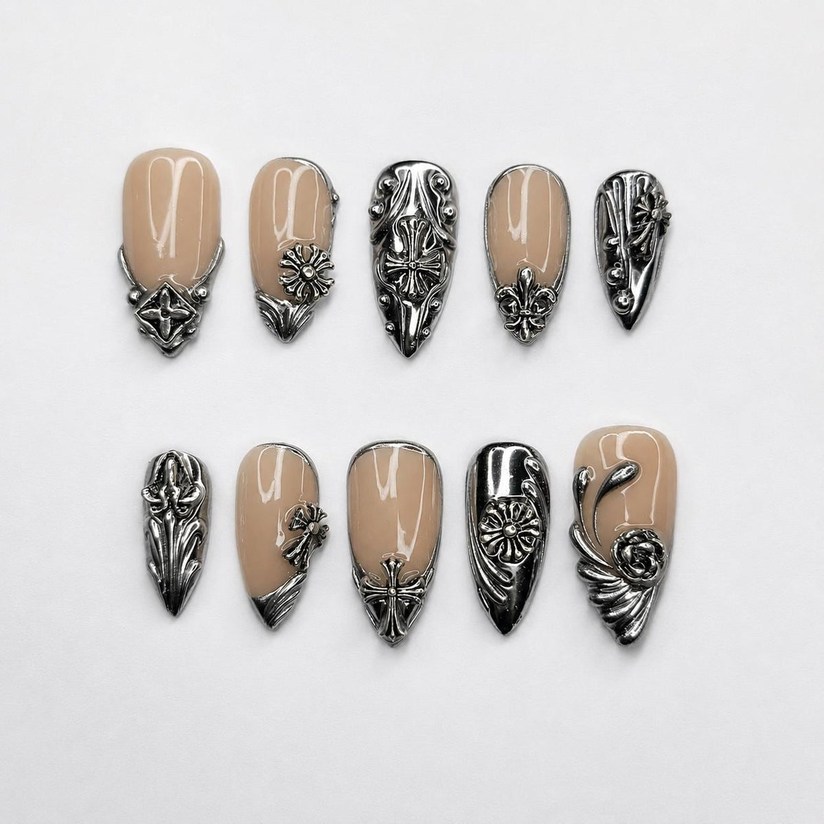Gothic Press On Nails Almond • Statement Gift for Her • Silver Chrome Cross Fleur De Lis Handmade Fake Nails Luxury Style  | JB426LC
