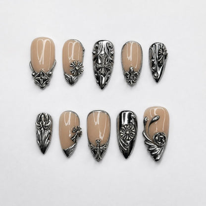 Gothic Press On Nails Almond • Statement Gift for Her • Silver Chrome Cross Fleur De Lis Handmade Fake Nails Luxury Style  | JB426LC