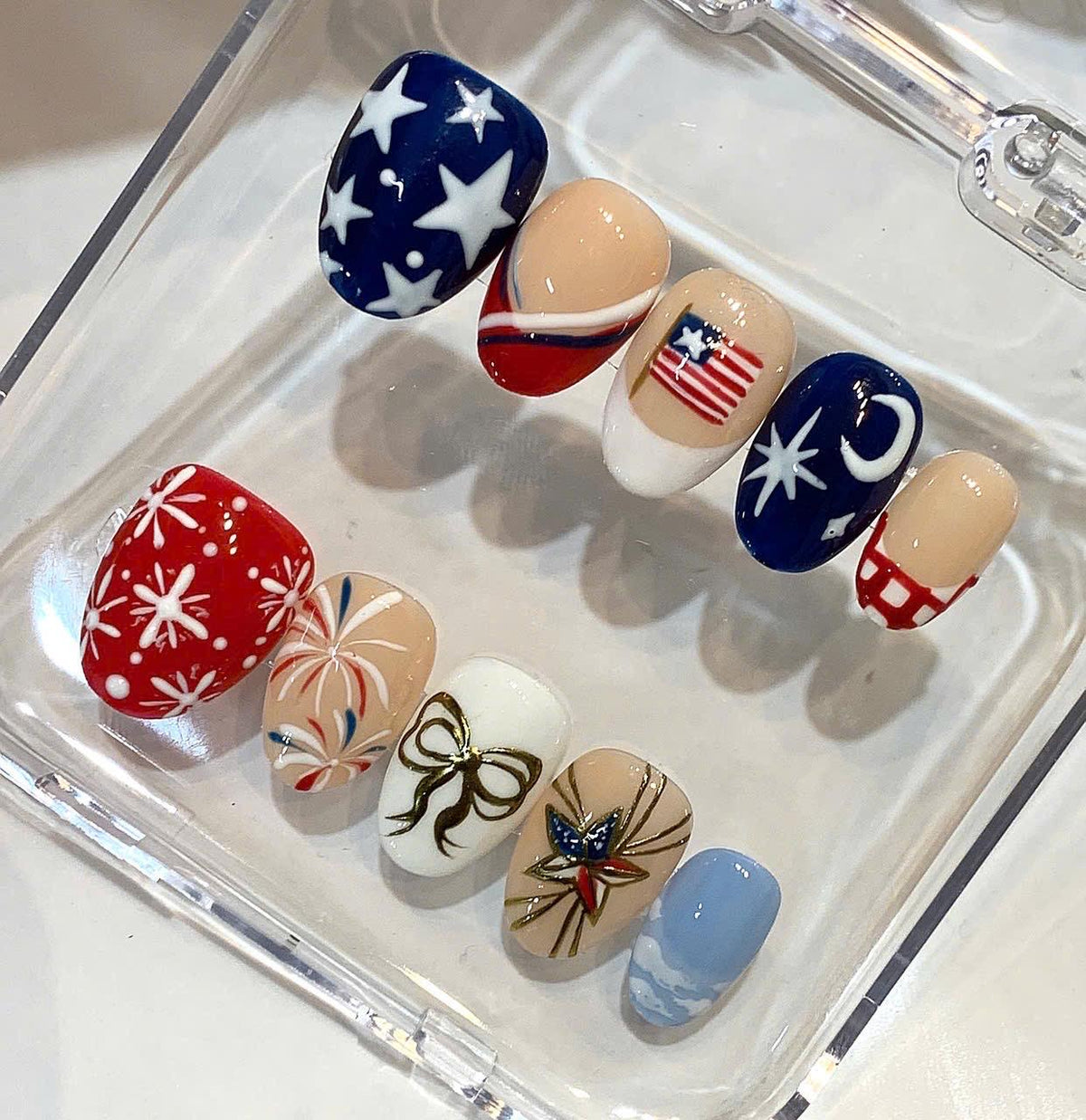 Patriotic American Flag Nails | Red White Blue Fireworks & Star Nail Art | Handmade Reusable Press On Nails