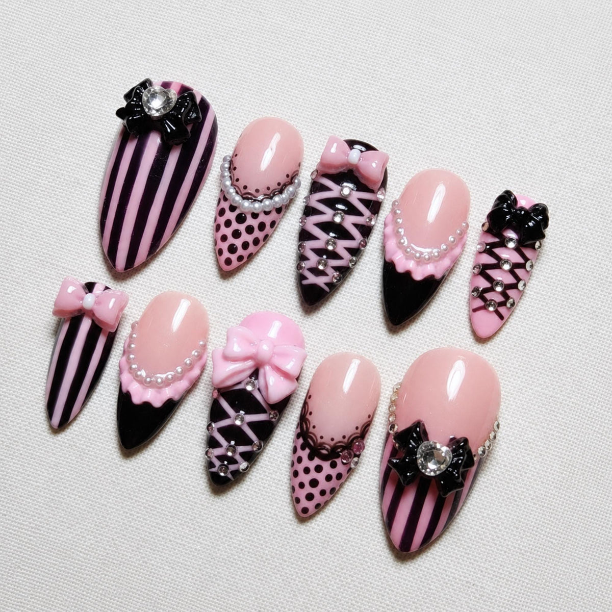 Coquette Corset Press On Nails, Pink Black Bow Nail Set