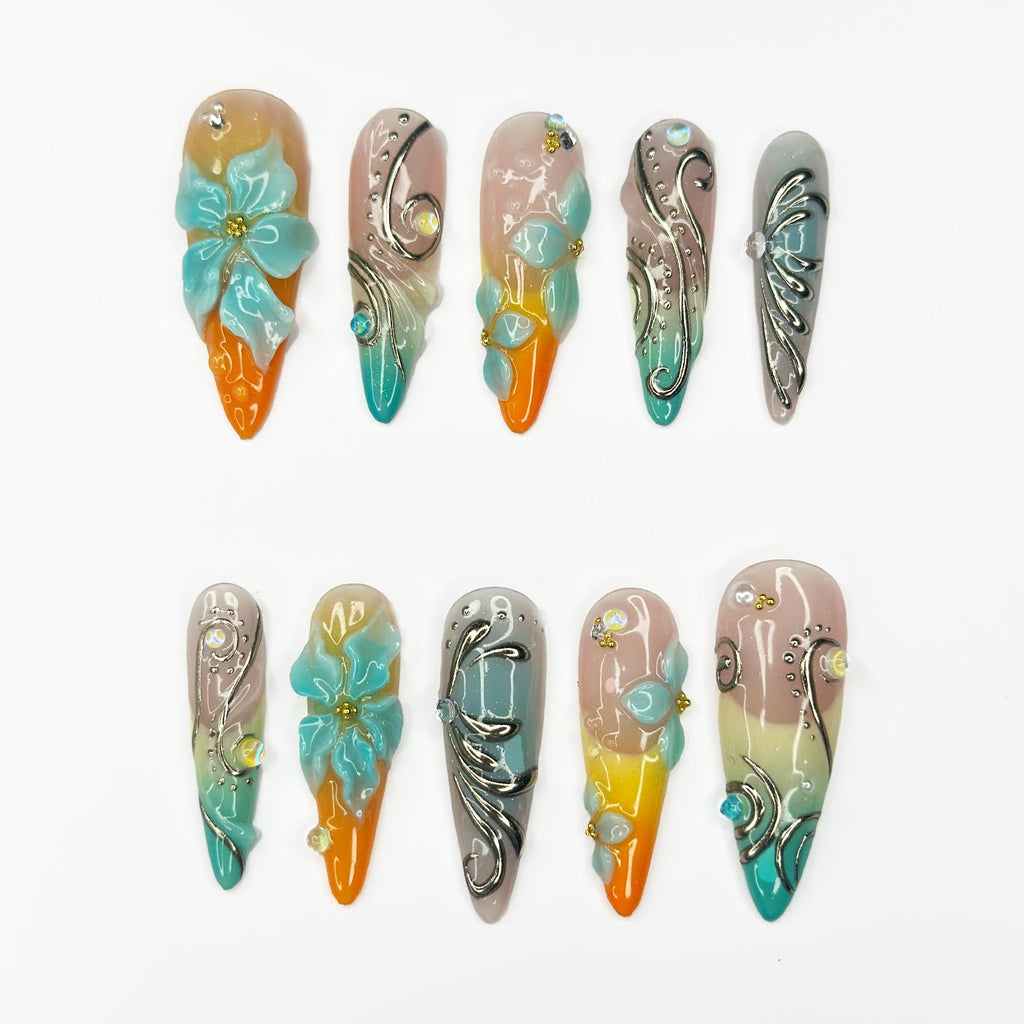 3D Flower Press On Nails, Luxury Teal Orange Fake Nails, Handmade Stiletto Glue On Nails Trendy Summer Gel Nails for Wedding Party | JB415LK