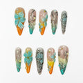 3D Flower Press On Nails, Luxury Teal Orange Fake Nails, Handmade Stiletto Glue On Nails Trendy Summer Gel Nails for Wedding Party | JB415LK