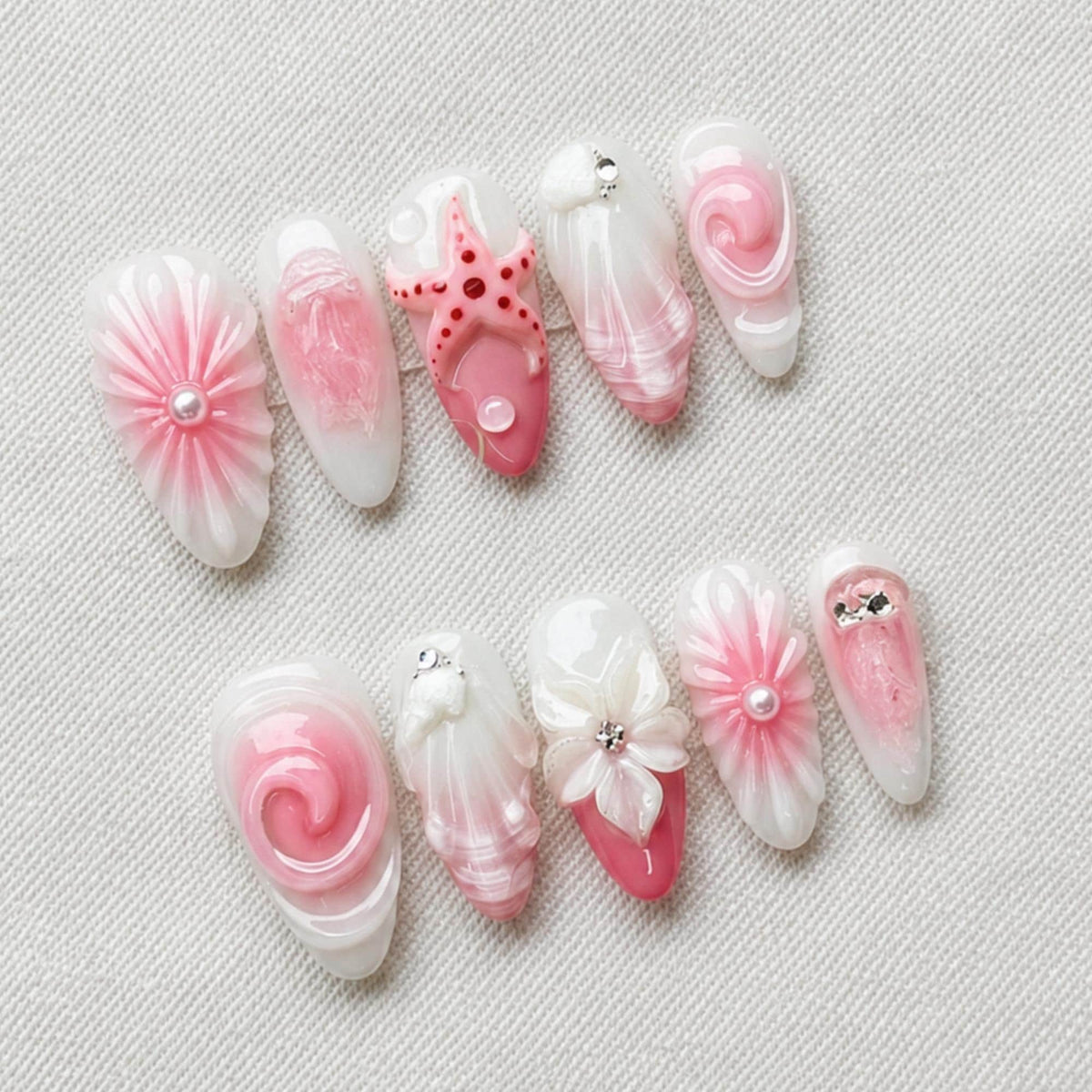 Pink Mermaid Press On Nails, 3D Seashell Starfish Nail Set