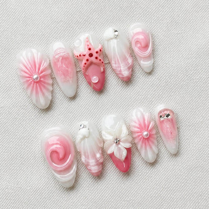 Pink Mermaid Press On Nails, 3D Seashell Starfish Nail Set