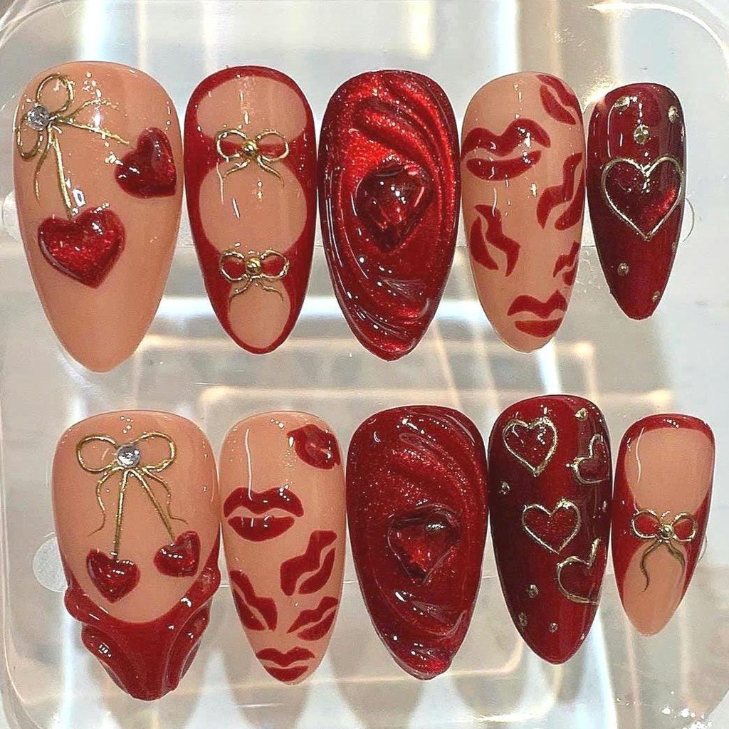 Red Heart Press On Nails | 3D Glitter, Kiss Lip Design