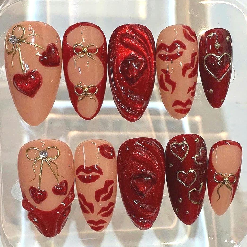 Red Heart Press On Nails | 3D Glitter, Kiss Lip Design