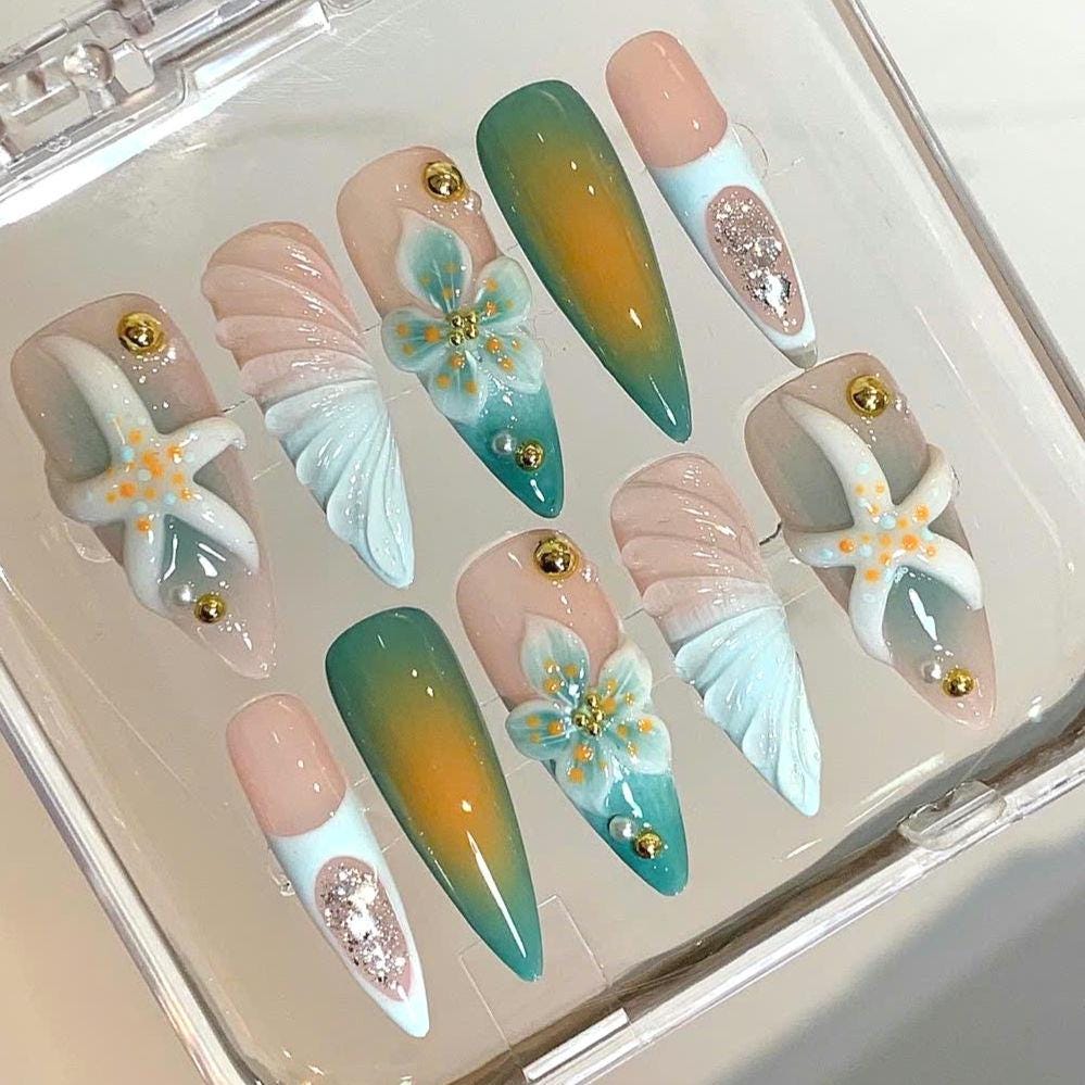 3D Seashell Press On Nails: Beach Ocean Long Coffin Handmade