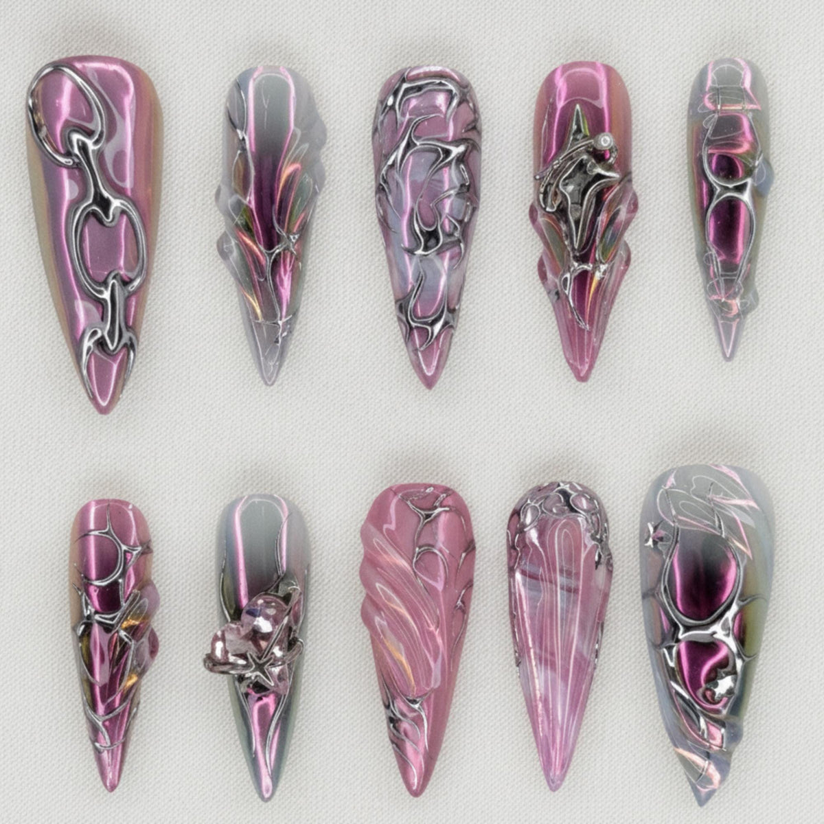 Pink Chrome Goth Press On Nails, Y2K Cyber Nail Set