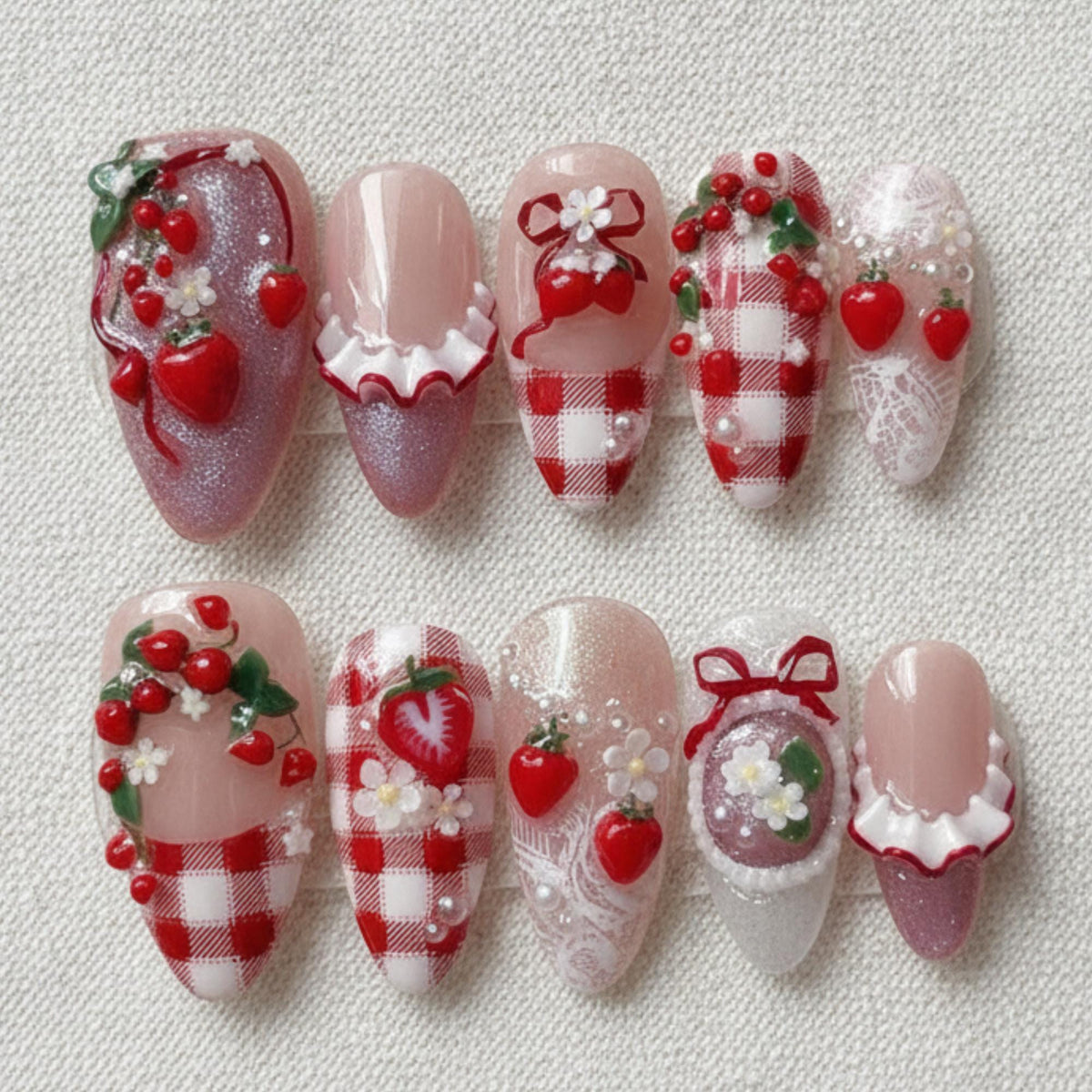 3D Strawberry Press On Nails, Kawaii Coquette Gingham Set