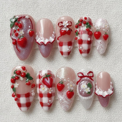 3D Strawberry Press On Nails, Kawaii Coquette Gingham Set