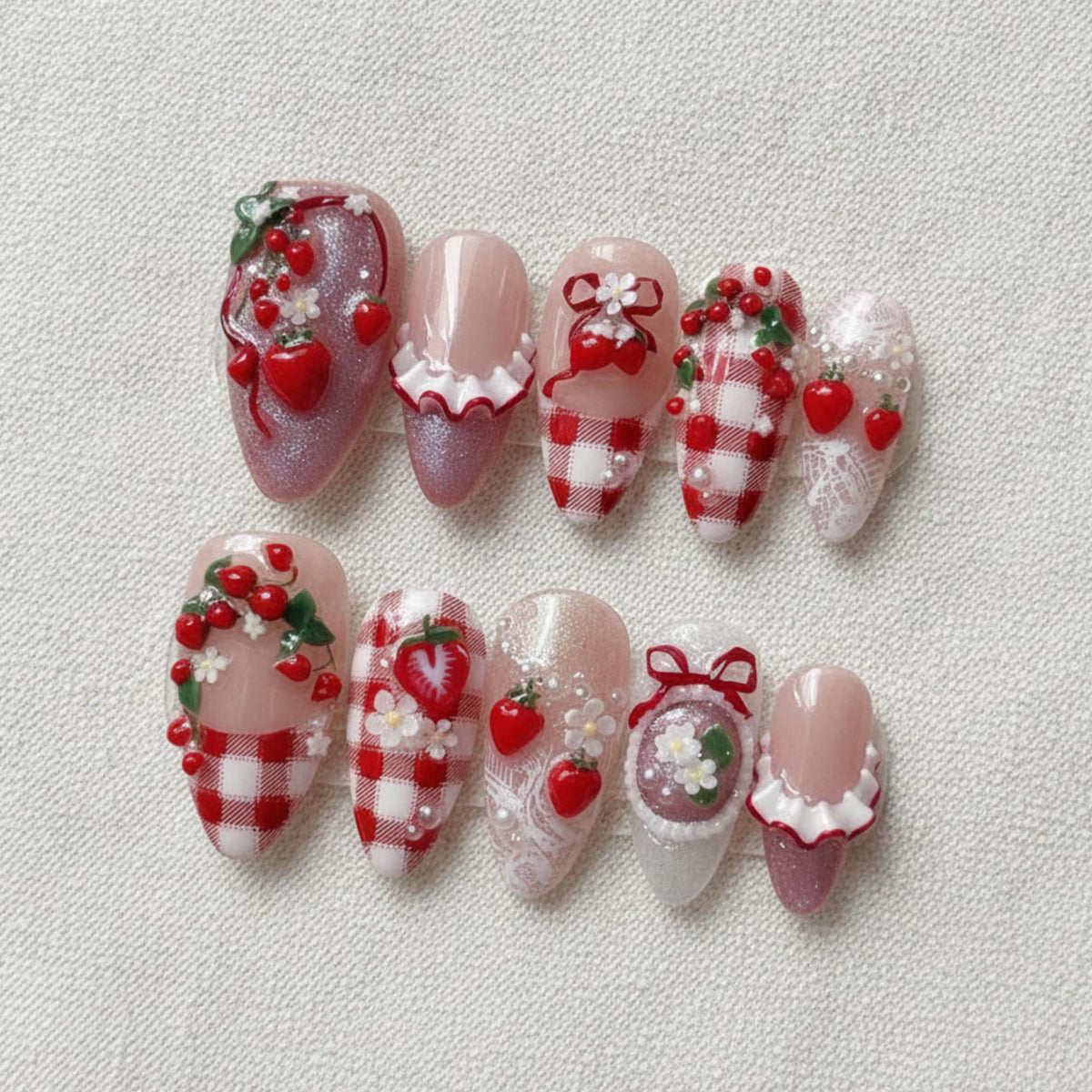 3D Strawberry Press On Nails, Kawaii Coquette Gingham Set